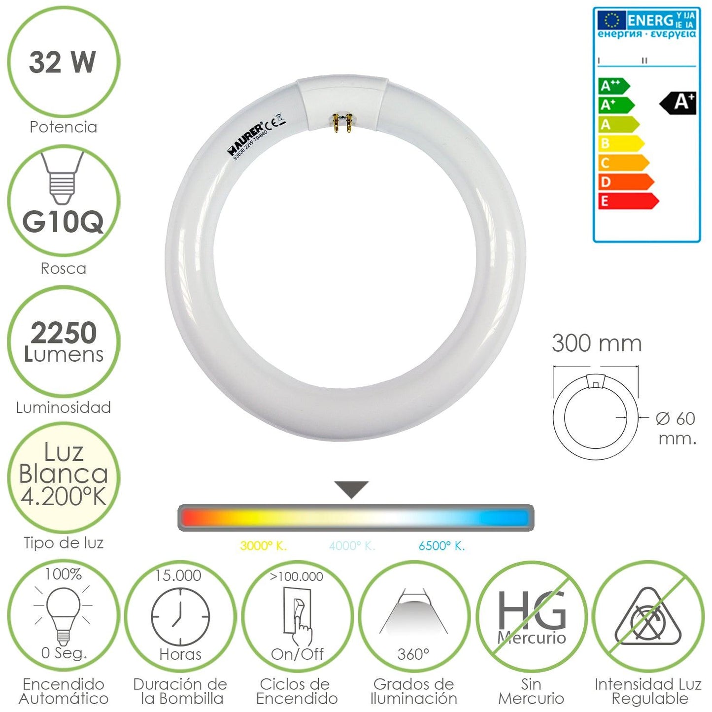 Tubo Circular Fluorescente Trifosforo 32 W. Ø 300 mm. Luz Neutra - El Brico Hogar