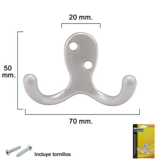 Gancho duplo fosco prateado para parafuso com parafusos incluídos.