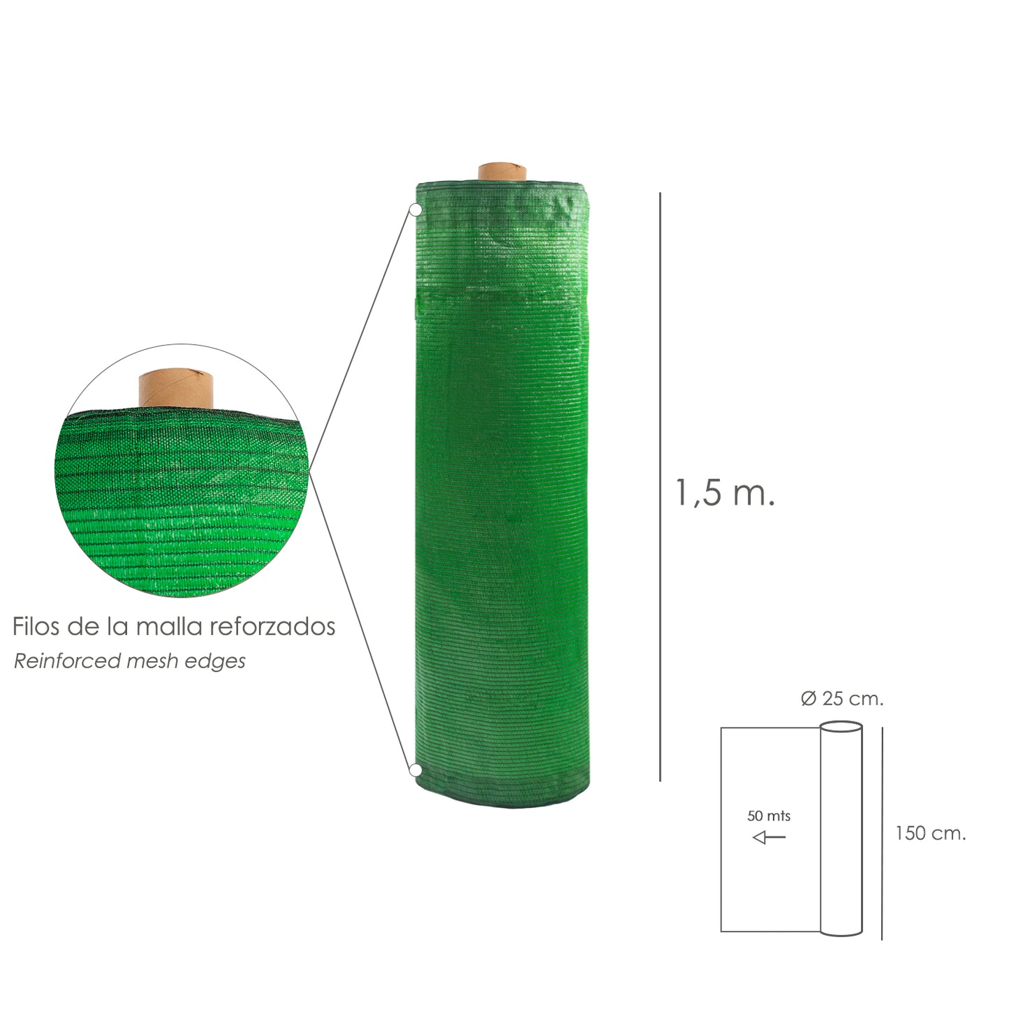 Malla Sombreo Plus 1,5 Metros Verde Rollo 50 Mts. Filo Reforzado Reduce Radiación, Malla Sombra, Malla Ocultacion, Sombra Patios