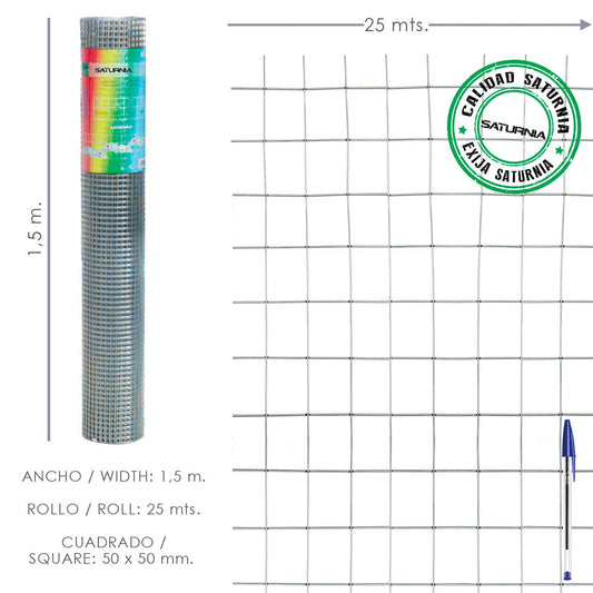 Malha Eletrossoldada Galvanizada 50x50 / 2,00 / 150 cm. GA Rolo 25 metros