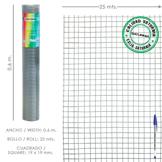 Malla Electrosoldada Galvanizada 19x19 / 60 cm. rollo 25 Metros Uso Domestico