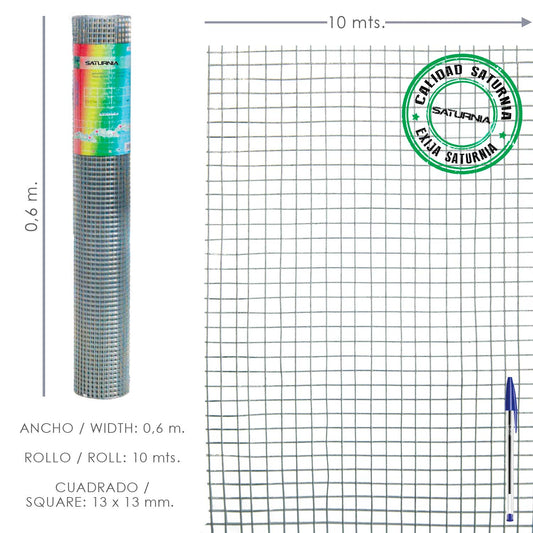 Malha Eletrossoldada Galvanizada Leve 13x13 Altura 60 cm. Rolo 10 Metros Uso Doméstico