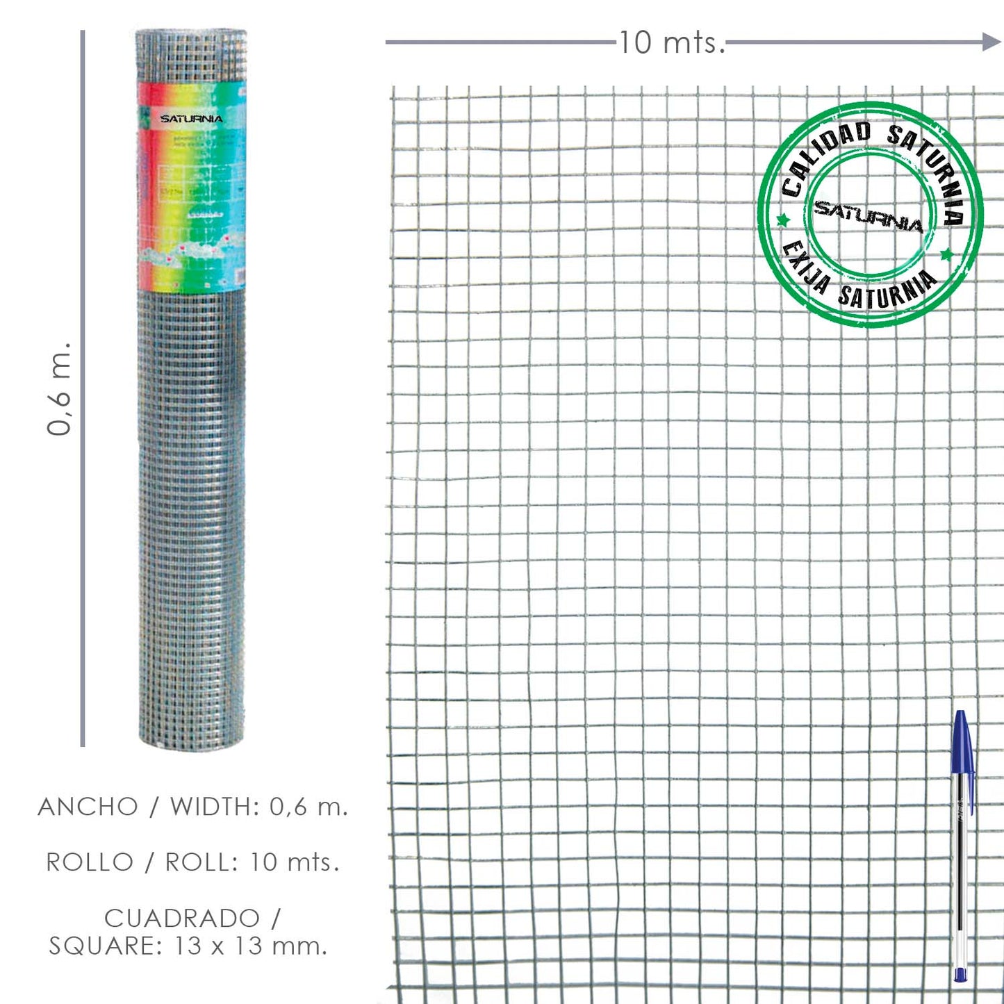 Malha Eletrossoldada Galvanizada Leve 13x13 Altura 60 cm. Rolo 10 Metros Uso Doméstico