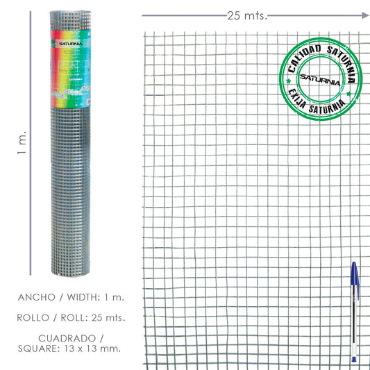 Malha Electrossoldada Galvanizada 13x13 / Altura 100 cm. Rolo 25 Metros Uso Doméstico