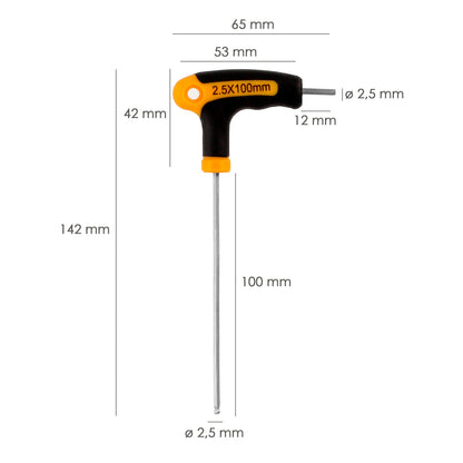 Chave Allen Bimatéria "Soft Touch" Cabo Esférico Formato T 2,5 mm. Aço cromo vanádio, chave de fenda Allen, chave hexagonal