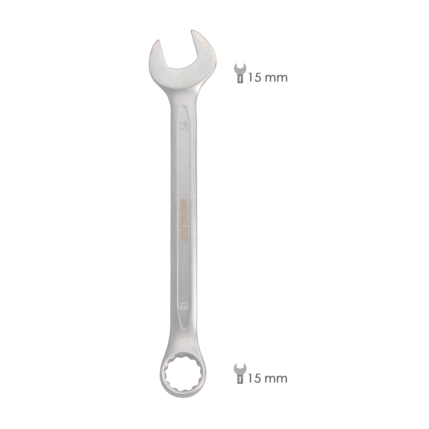 Llave Combinada Plus 15x15 Acero Cromo Vanadio DIN 3113. Llave Doble Boca, Llave Fija, Llave Estrella