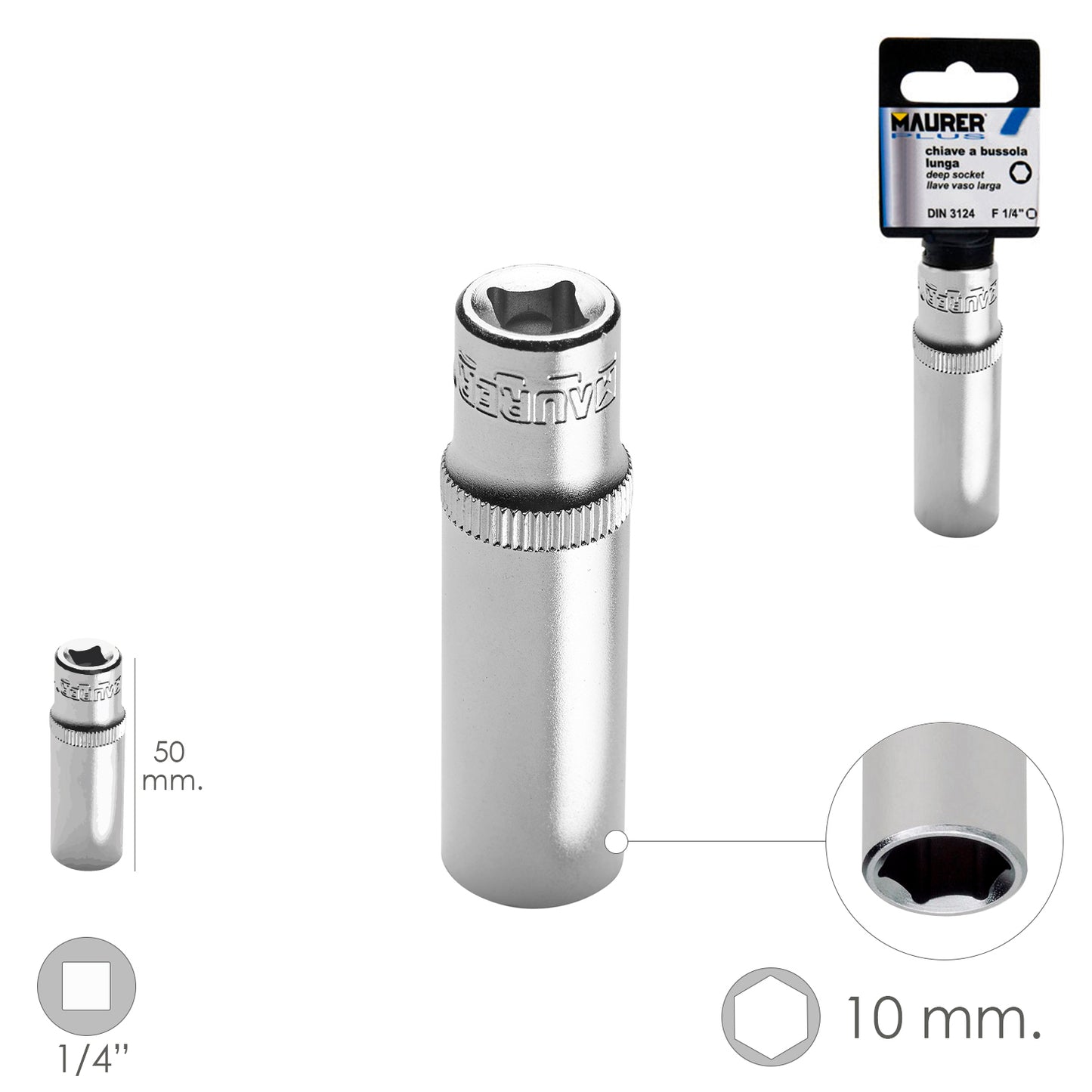 Chave de soquete longa 1/4" / 10 mm. Hexagonal. / Comprimento 50 mm. Feito de aço cromo vanádio