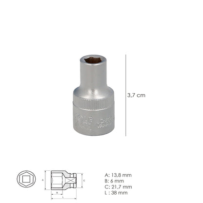 Llave Vaso 1/2" Hexagonal 8 mm. Perfil de 6 caras. Acero Cromo Vanadio, Aristas Redondas