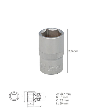 Chave de caixa hexagonal 1/2" 17 mm. Perfil de 6 faces. Aço cromo vanádio, bordas redondas