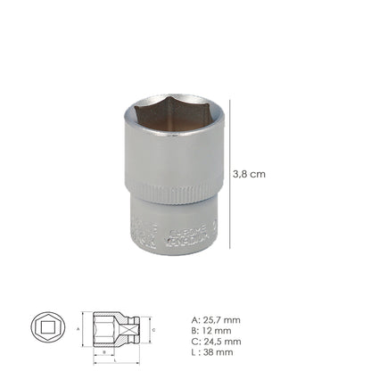 Chave de caixa hexagonal 1/2" 20 mm. Perfil de 6 faces. Aço cromo vanádio, bordas redondas