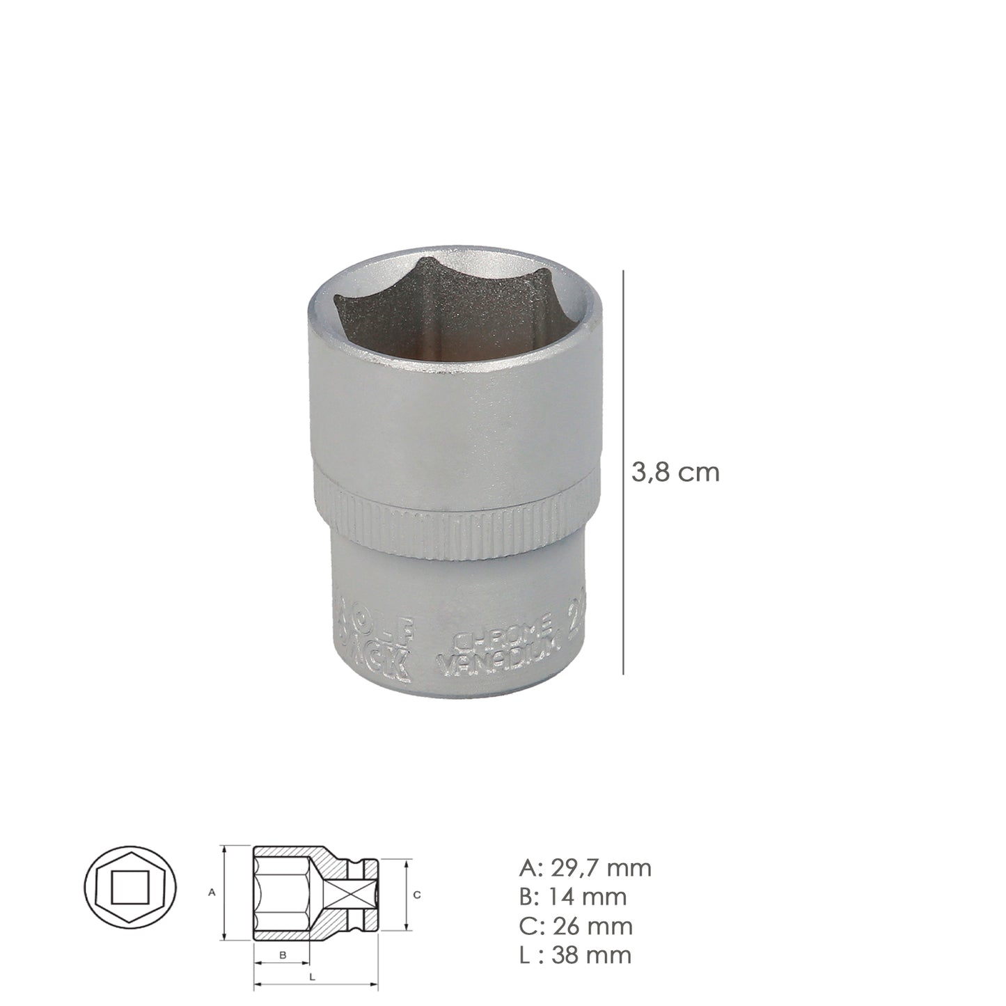 Chave de caixa hexagonal 1/2" 22 mm. Perfil de 6 faces. Aço cromo vanádio, bordas redondas