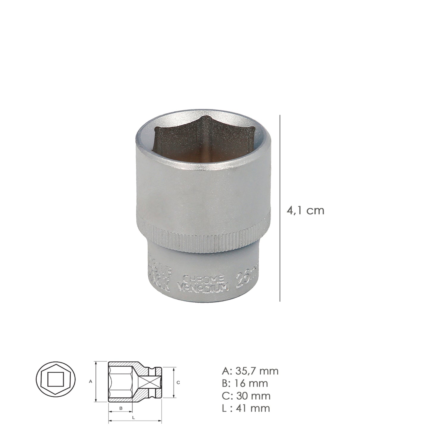Llave Vaso 1/2" Hexagonal 26 mm. Perfil de 6 caras. Acero Cromo Vanadio, Aristas Redondas