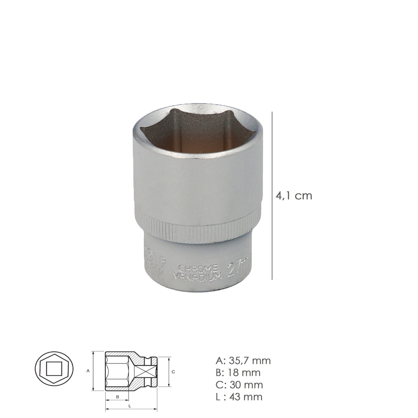 Chave de soquete hexagonal 1/2" 27 mm. Perfil de 6 faces. Aço cromo vanádio, bordas redondas