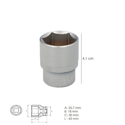 Chave de soquete hexagonal 1/2" 27 mm. Perfil de 6 faces. Aço cromo vanádio, bordas redondas