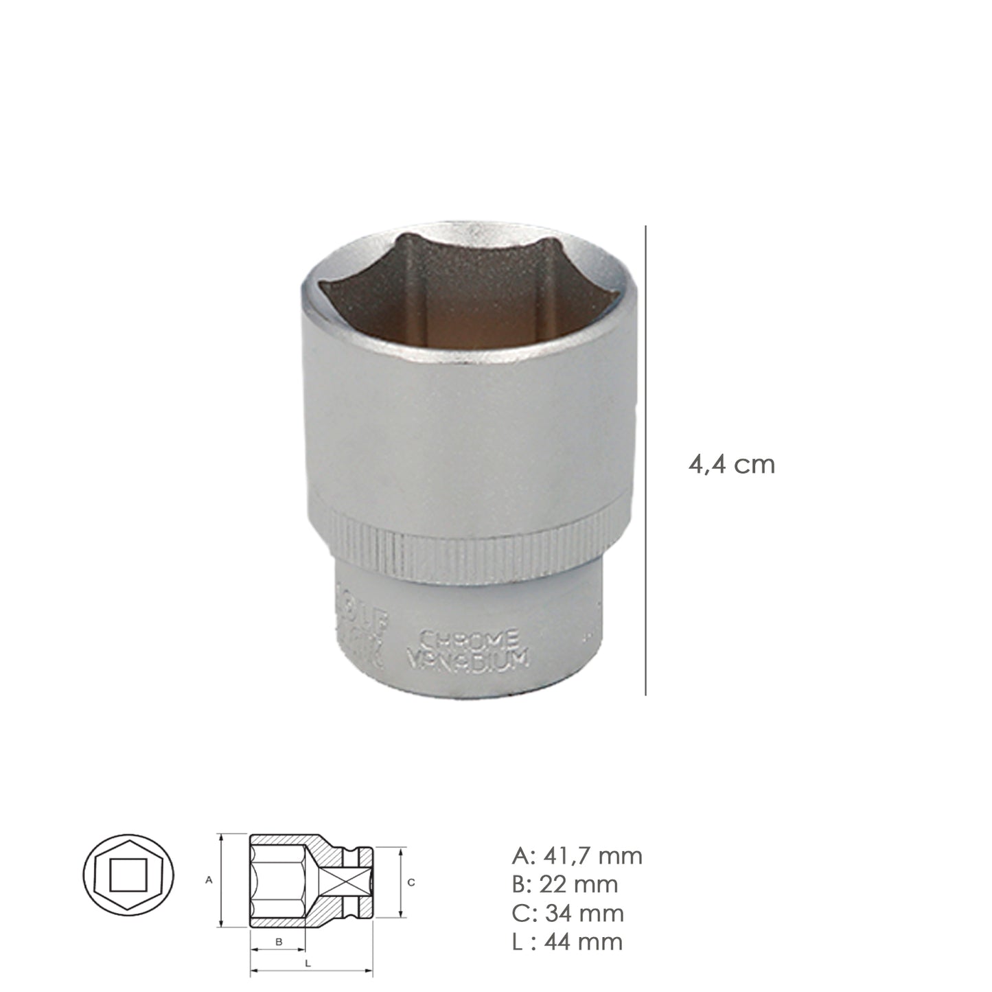 Chave de soquete hexagonal 1/2" 32 mm. Perfil de 6 faces. Aço cromo vanádio, bordas redondas