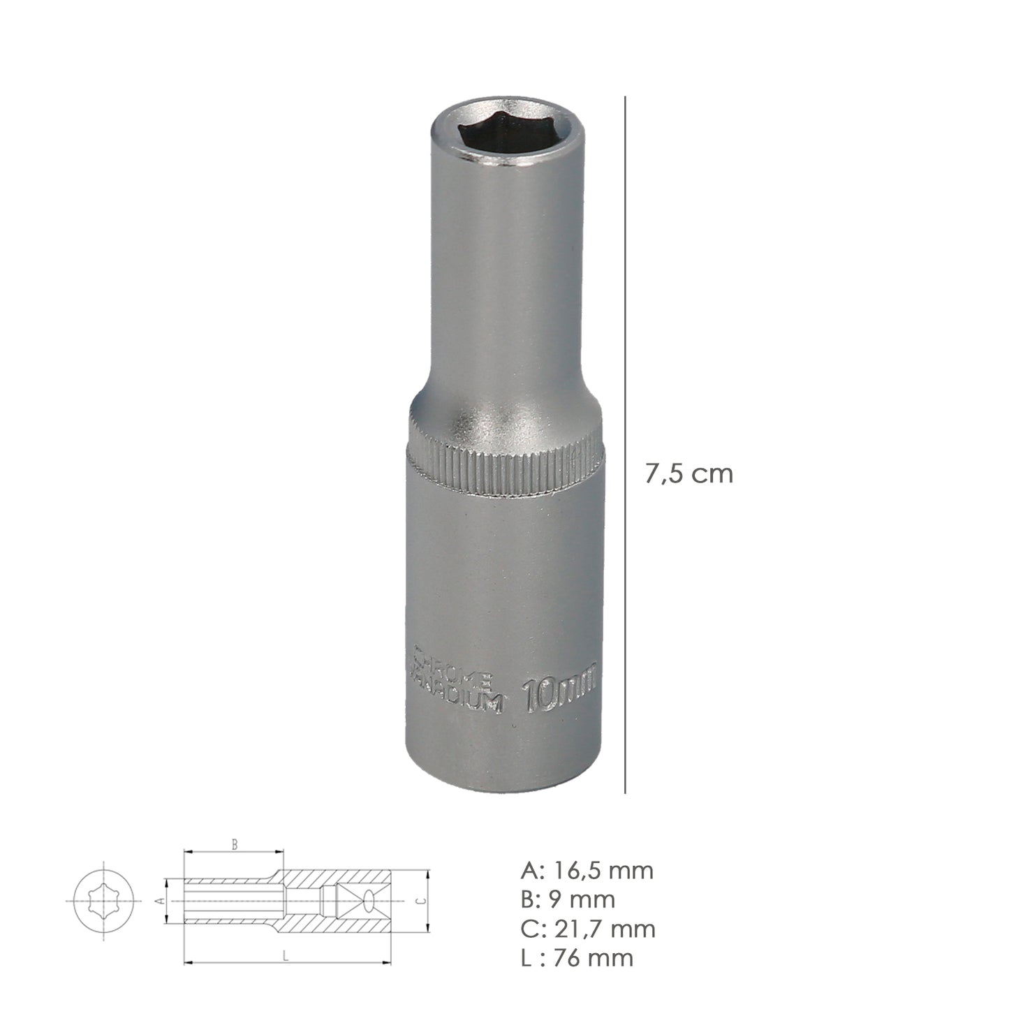 Llave Vaso 1/2" Hexagonal Larga 10 mm. Perfil de 6 caras. Acero Cromo Vanadio, Aristas Redondas