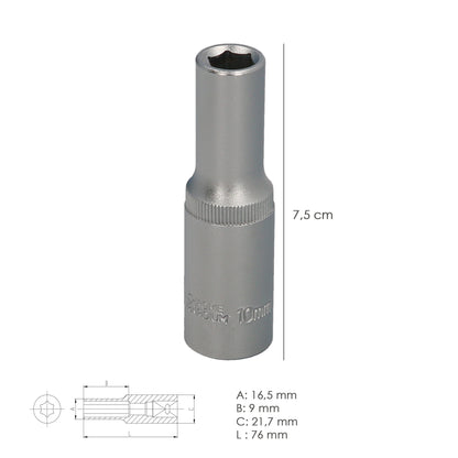 Llave Vaso 1/2" Hexagonal Larga 10 mm. Perfil de 6 caras. Acero Cromo Vanadio, Aristas Redondas