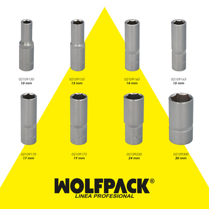 Chave de soquete hexagonal longa 1/2" 13 mm. Perfil de 6 lados. Aço cromo vanádio, bordas redondas