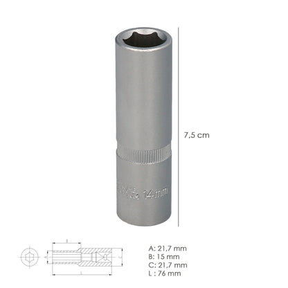 Llave Vaso 1/2" Hexagonal Larga 14 mm. Perfil de 6 caras. Acero Cromo Vanadio, Aristas Redondas