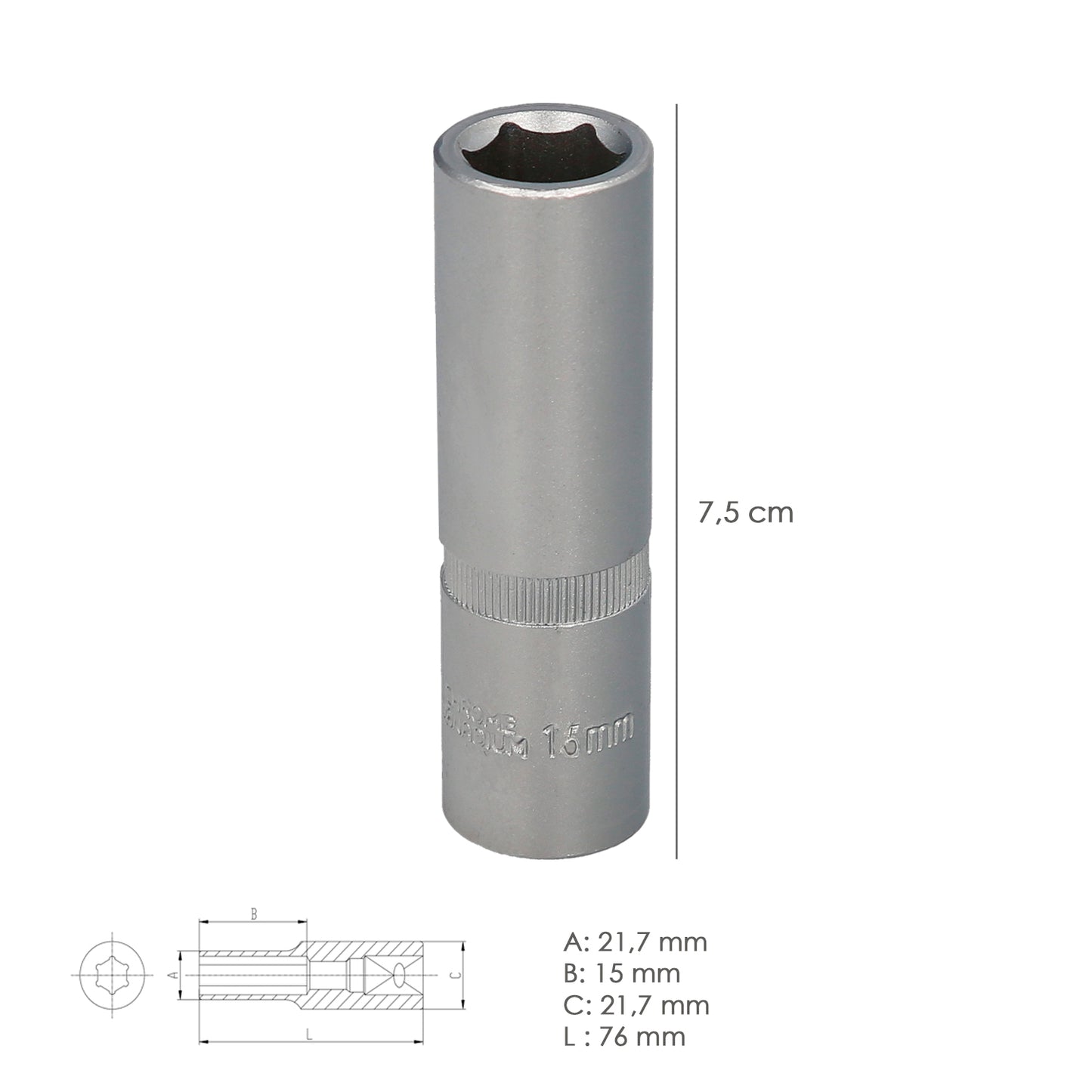 Chave de soquete hexagonal longa 1/2" 15 mm. Perfil de 6 lados. Aço cromo vanádio, bordas redondas