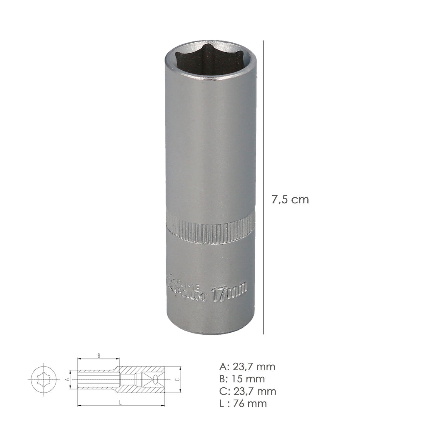 Chave de soquete hexagonal de 1/2" longa 17 mm. Perfil de 6 lados. Aço cromo vanádio, bordas redondas