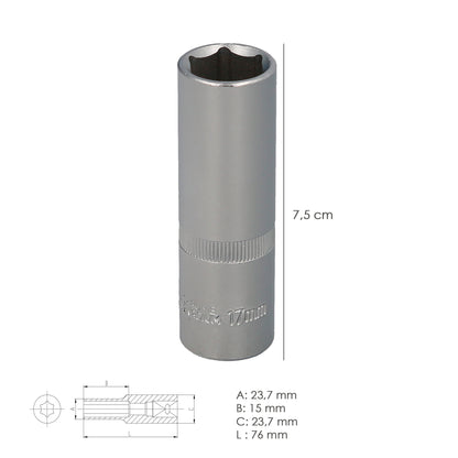 Chave de soquete hexagonal de 1/2" longa 17 mm. Perfil de 6 lados. Aço cromo vanádio, bordas redondas