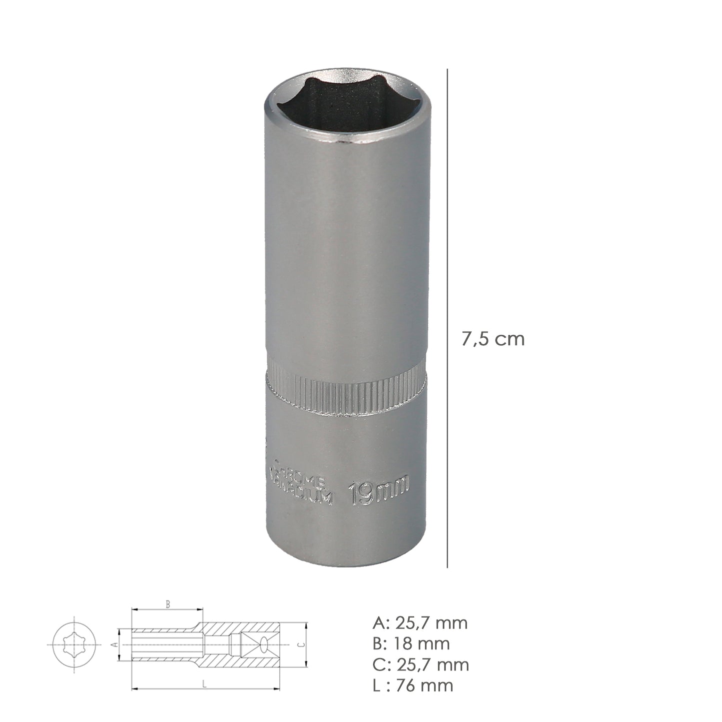 Chave de soquete hexagonal de 1/2" longa 19 mm. Perfil de 6 lados. Aço cromo vanádio, bordas redondas