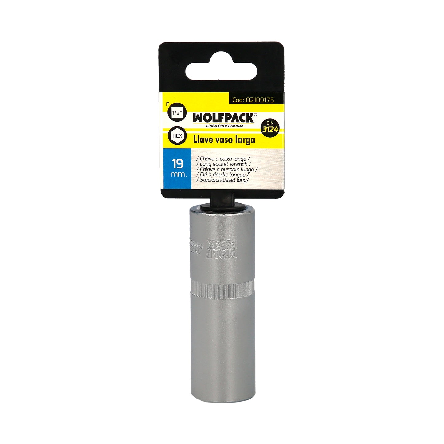 Llave Vaso 1/2" Hexagonal Larga 19 mm. Perfil de 6 caras. Acero Cromo Vanadio, Aristas Redondas