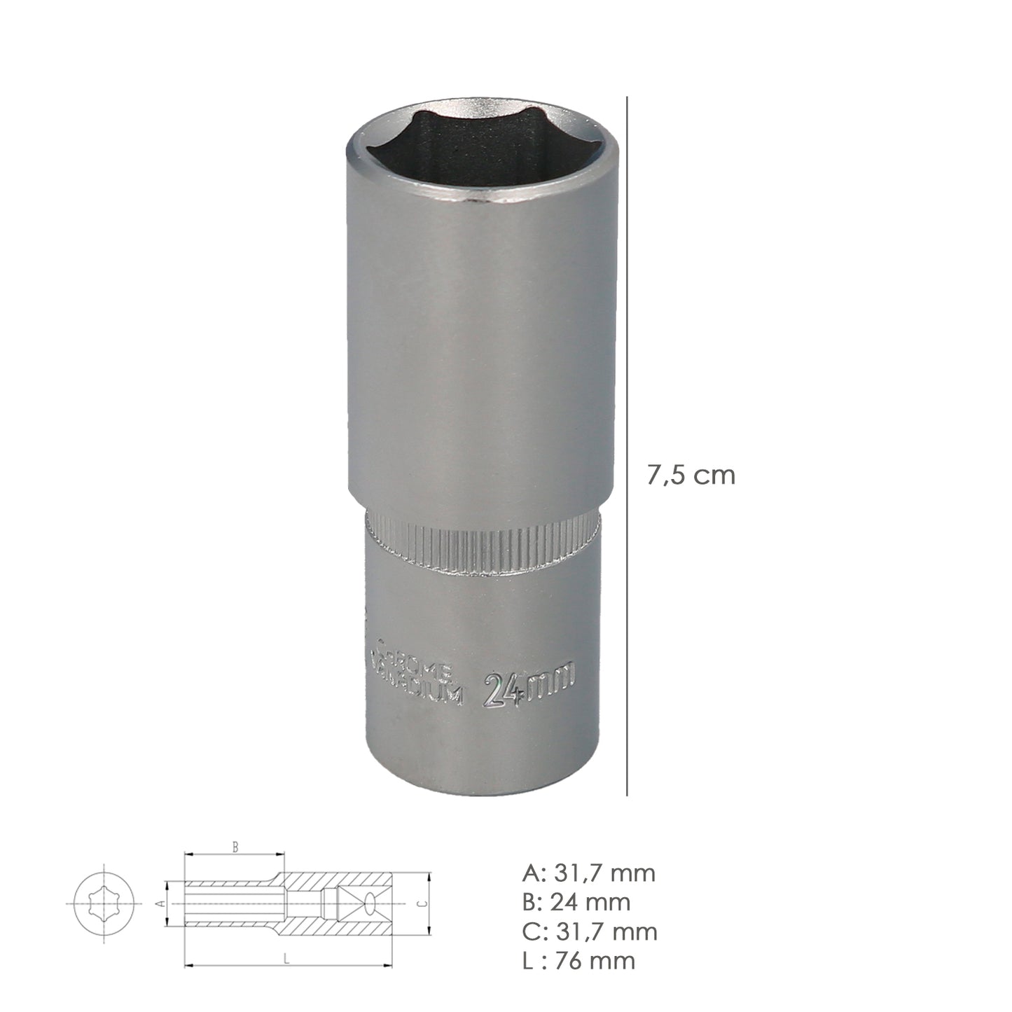 Chave de soquete hexagonal 1/2" longa 24 mm. Perfil de 6 lados. Aço cromo vanádio, bordas redondas