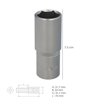 Chave de soquete hexagonal 1/2" longa 24 mm. Perfil de 6 lados. Aço cromo vanádio, bordas redondas