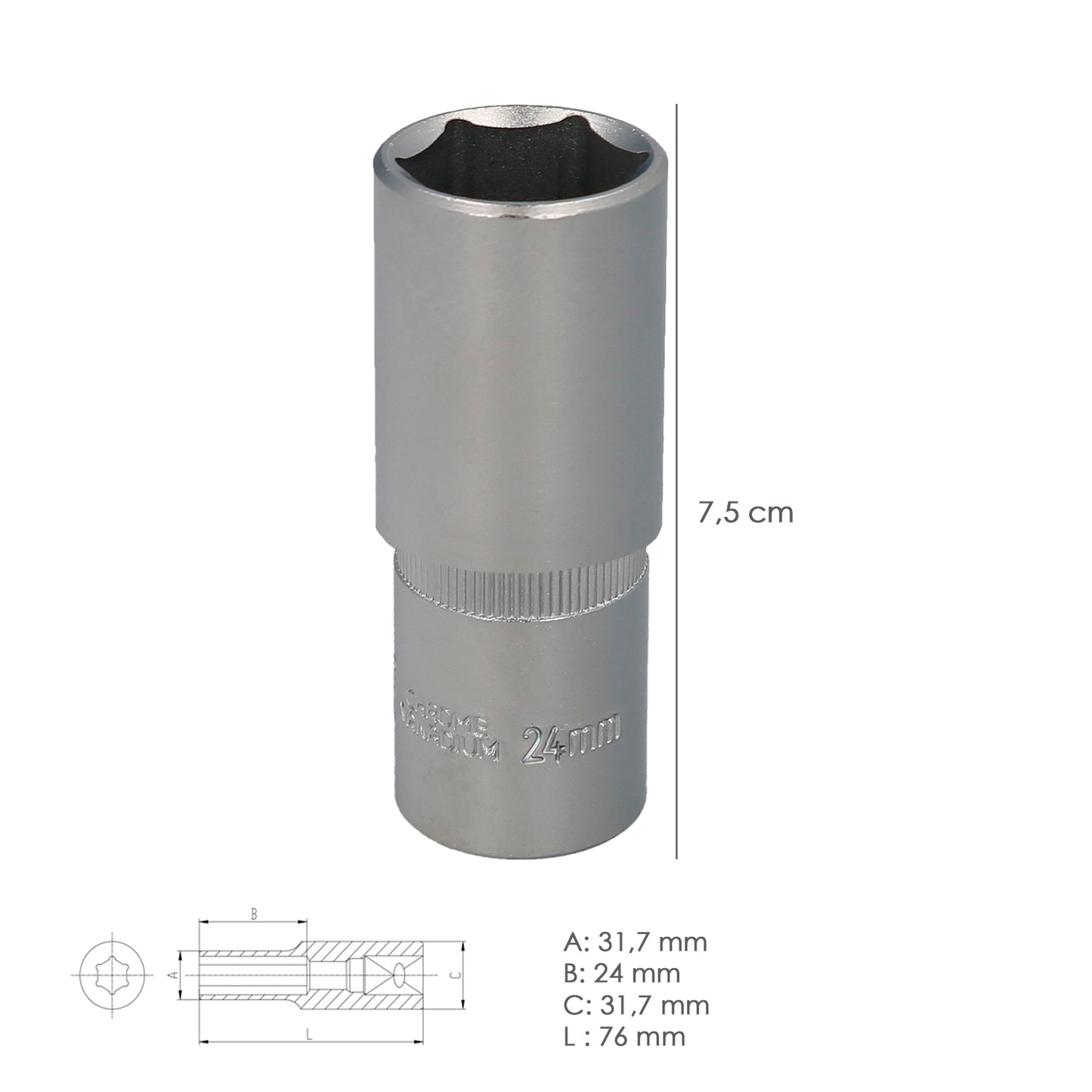Llave Vaso 1/2" Hexagonal Larga 24 mm. Perfil de 6 caras. Acero Cromo Vanadio, Aristas Redondas