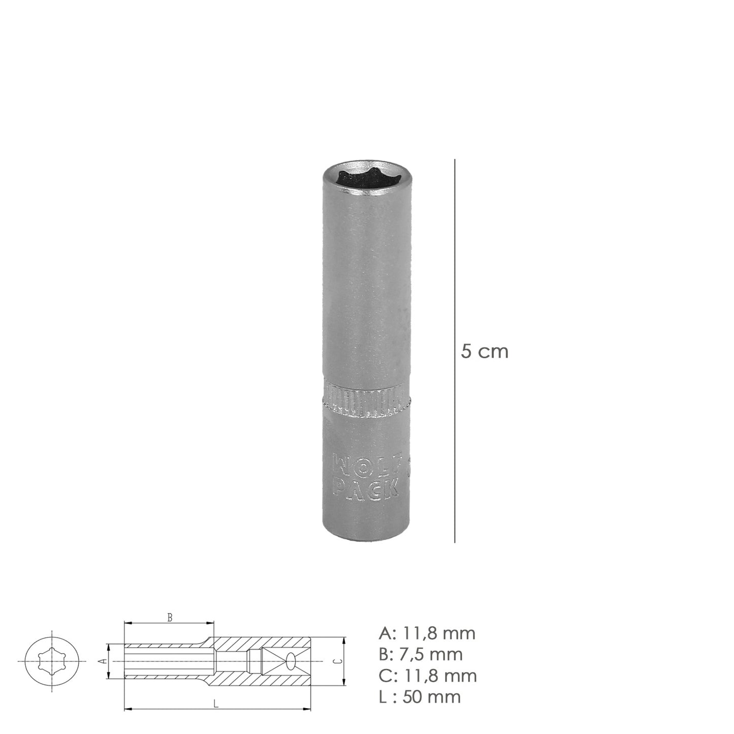 Llave Vaso 1/4" Hexagonal Larga 8 mm. Perfil de 6 caras. Acero Cromo Vanadio, Aristas Redondas