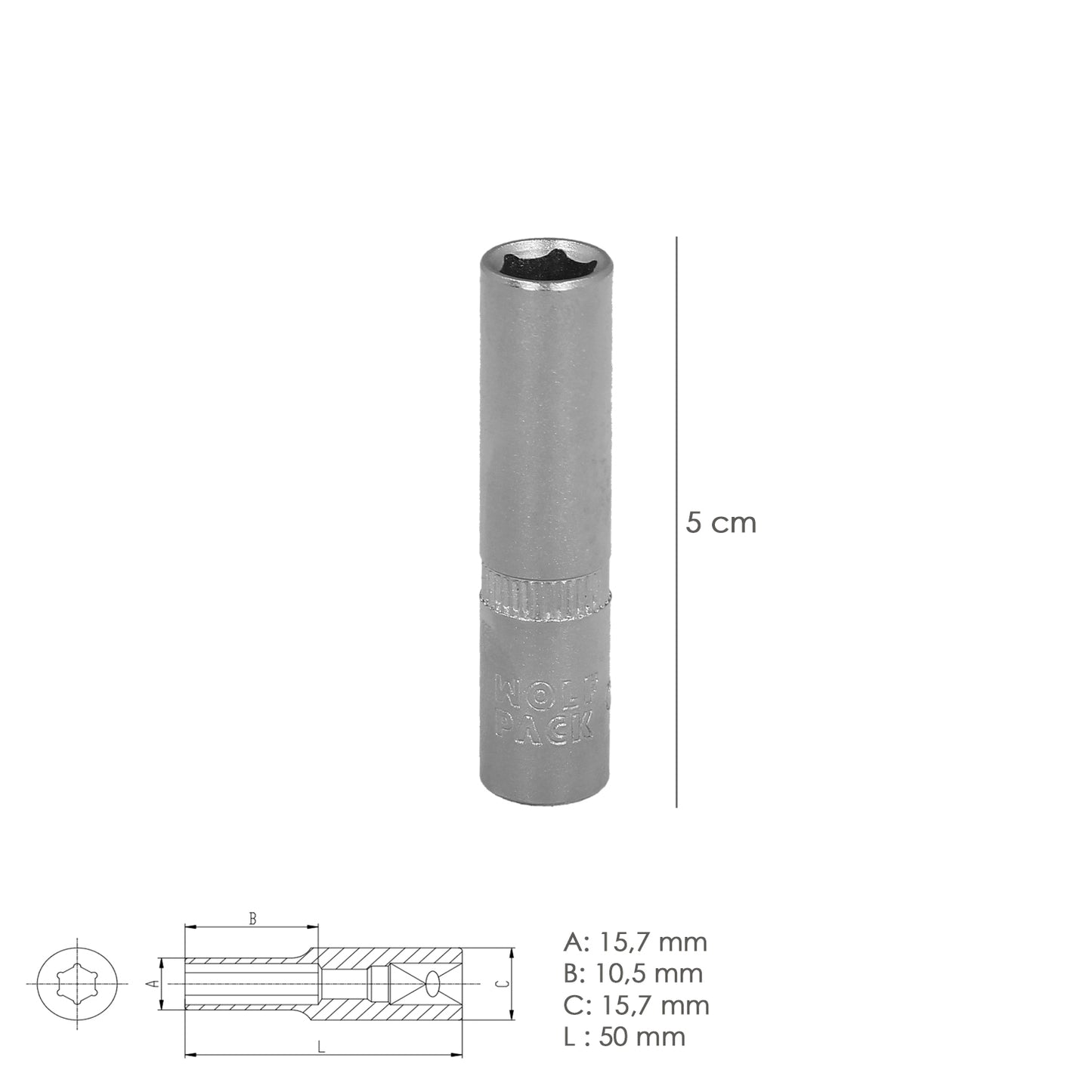 Llave Vaso 1/4" Hexagonal Larga 11 mm. Perfil de 6 caras. Acero Cromo Vanadio, Aristas Redondas