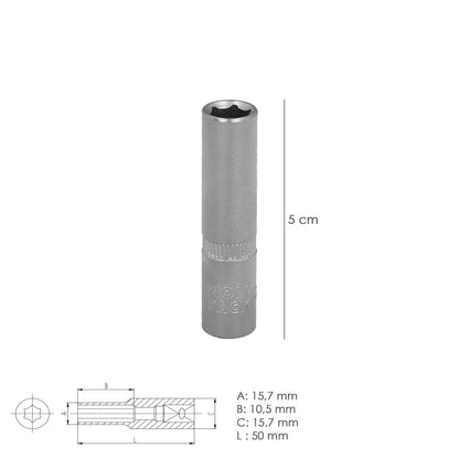 Llave Vaso 1/4" Hexagonal Larga 11 mm. Perfil de 6 caras. Acero Cromo Vanadio, Aristas Redondas