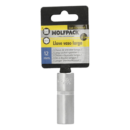 Llave Vaso 1/4" Hexagonal Larga 12 mm. Perfil de 6 caras. Acero Cromo Vanadio, Aristas Redondas