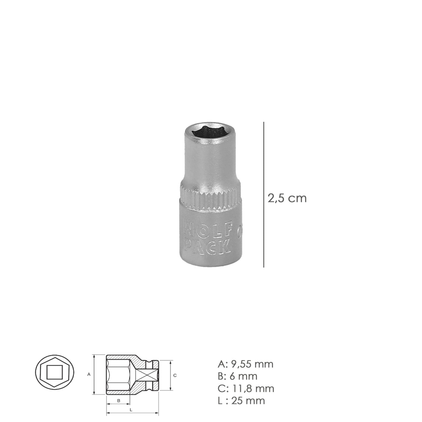Llave Vaso 1/4" Hexagonal 6 mm. Perfil de 6 caras. Acero Cromo Vanadio, Aristas Redondas