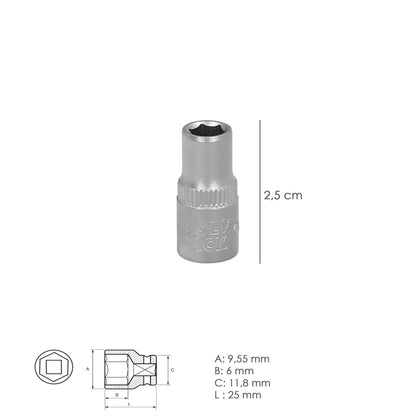 Llave Vaso 1/4" Hexagonal 6 mm. Perfil de 6 caras. Acero Cromo Vanadio, Aristas Redondas
