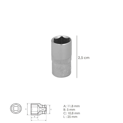 Llave Vaso 1/4" Hexagonal 8 mm. Perfil de 6 caras. Acero Cromo Vanadio, Aristas Redondas