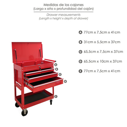 Carrinho de ferramentas metálico 86x44x99 cm. com 4 gavetas e 2 bandejas