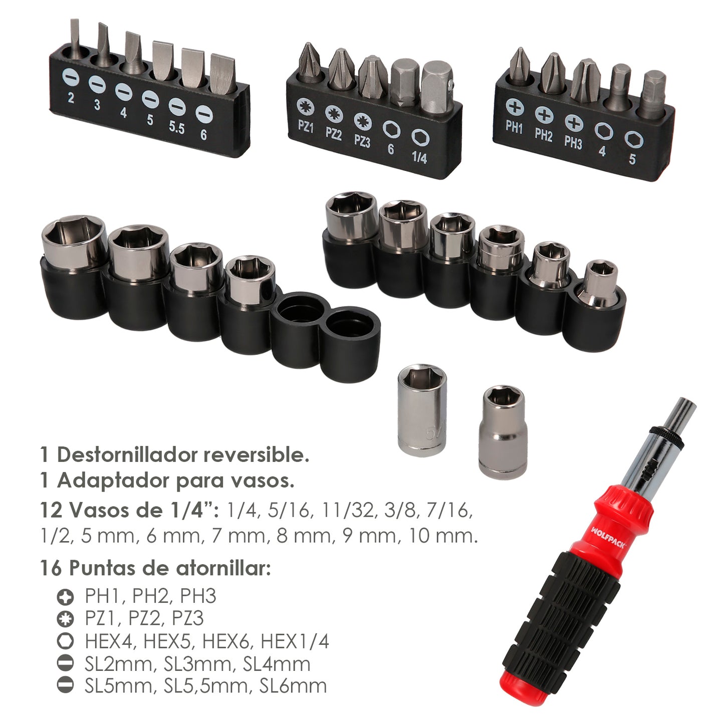 Conjunto de chave de fenda catraca com 29 peças. (12 copos e 16 pontas)