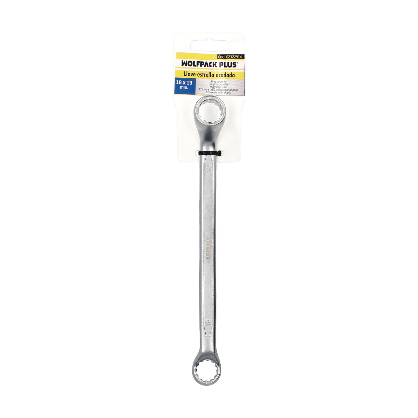 Llave Estrella Acodada Plus Acero Cromo Vanadio 18x19 DIN 838. Llave Doble Boca Acodada, Llave Fija Estrella Acodada