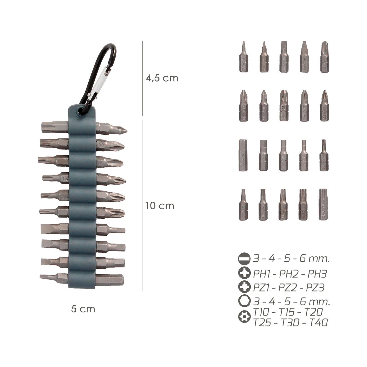 Conjunto de 20 Pontas com Mosquetão para Cinto. Aço Cromo Vanádio.