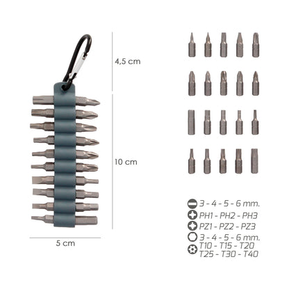 Conjunto de 20 Pontas com Mosquetão para Cinto. Aço Cromo Vanádio.