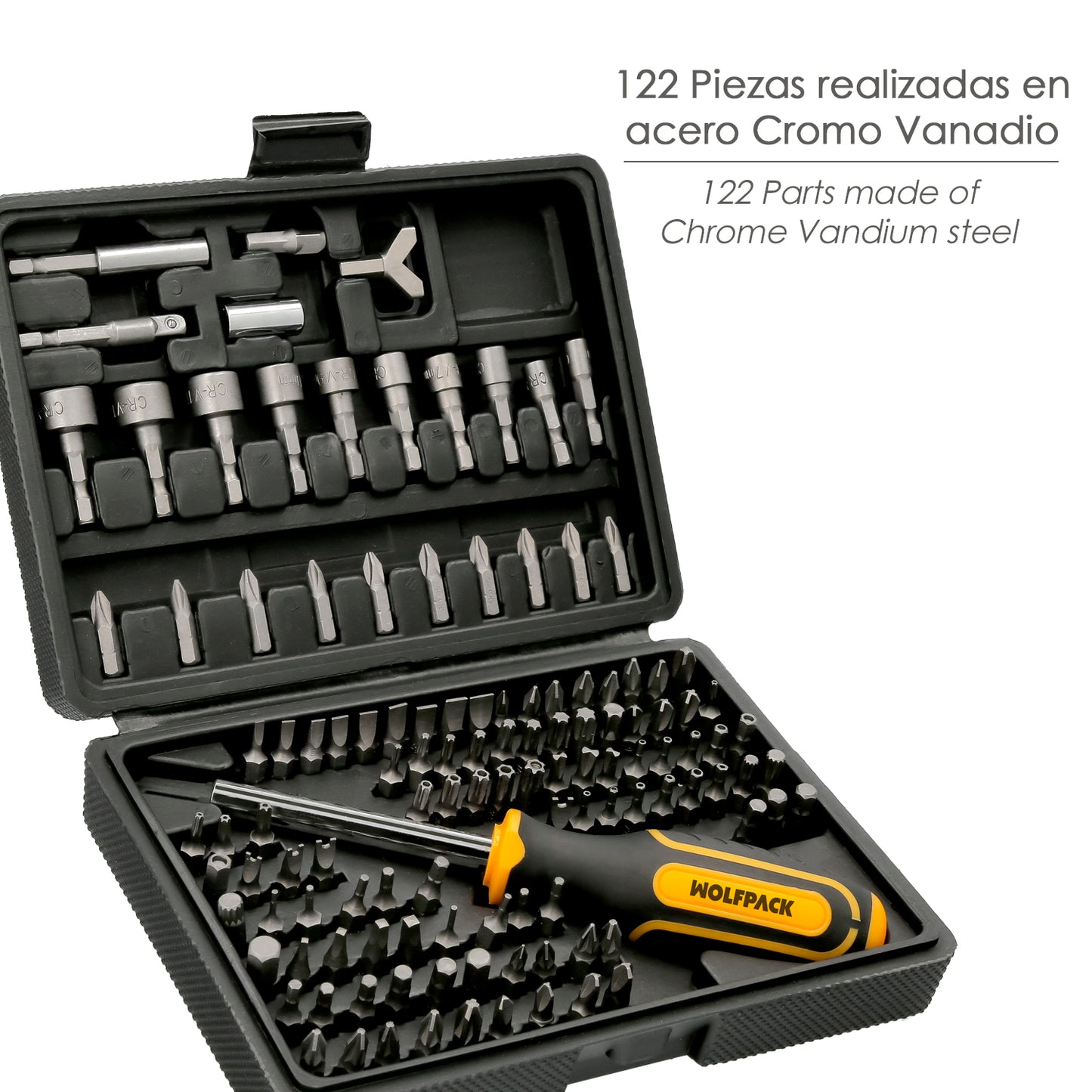 Conjunto de brocas com chave de fenda 1/4" 122 unidades. Com adaptador. Cromo vanádio, kit de chave de combinação, kit de catraca,