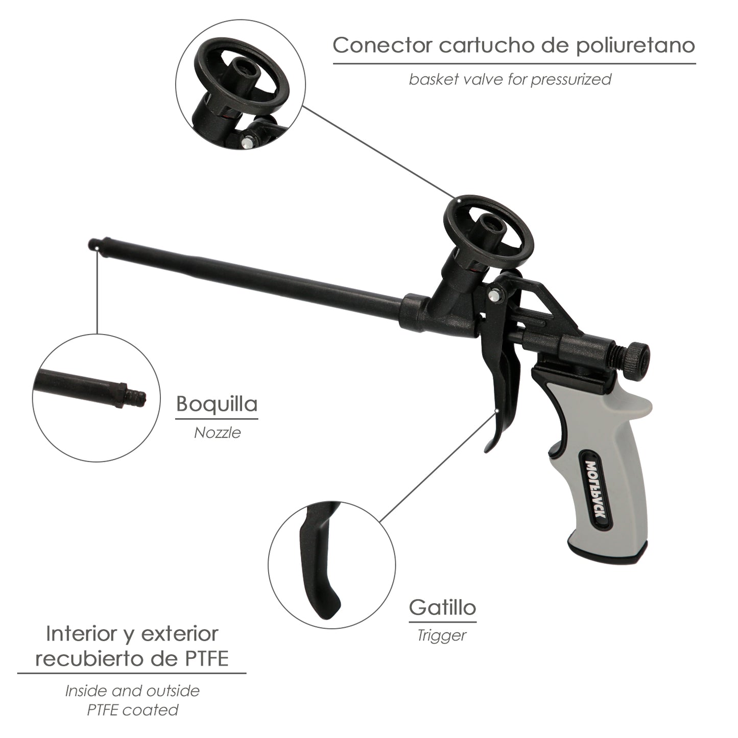 Pistola de espuma de poliuretano de revestimento completo de PTFE (interior e exterior) Pistola de calafetagem, enchimento e vedação