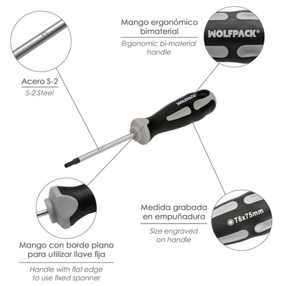 Destornillador Torx Acero S2 Mango TPR Bimaterial. Medida T06 x Ø 3,0 x 75 mm.