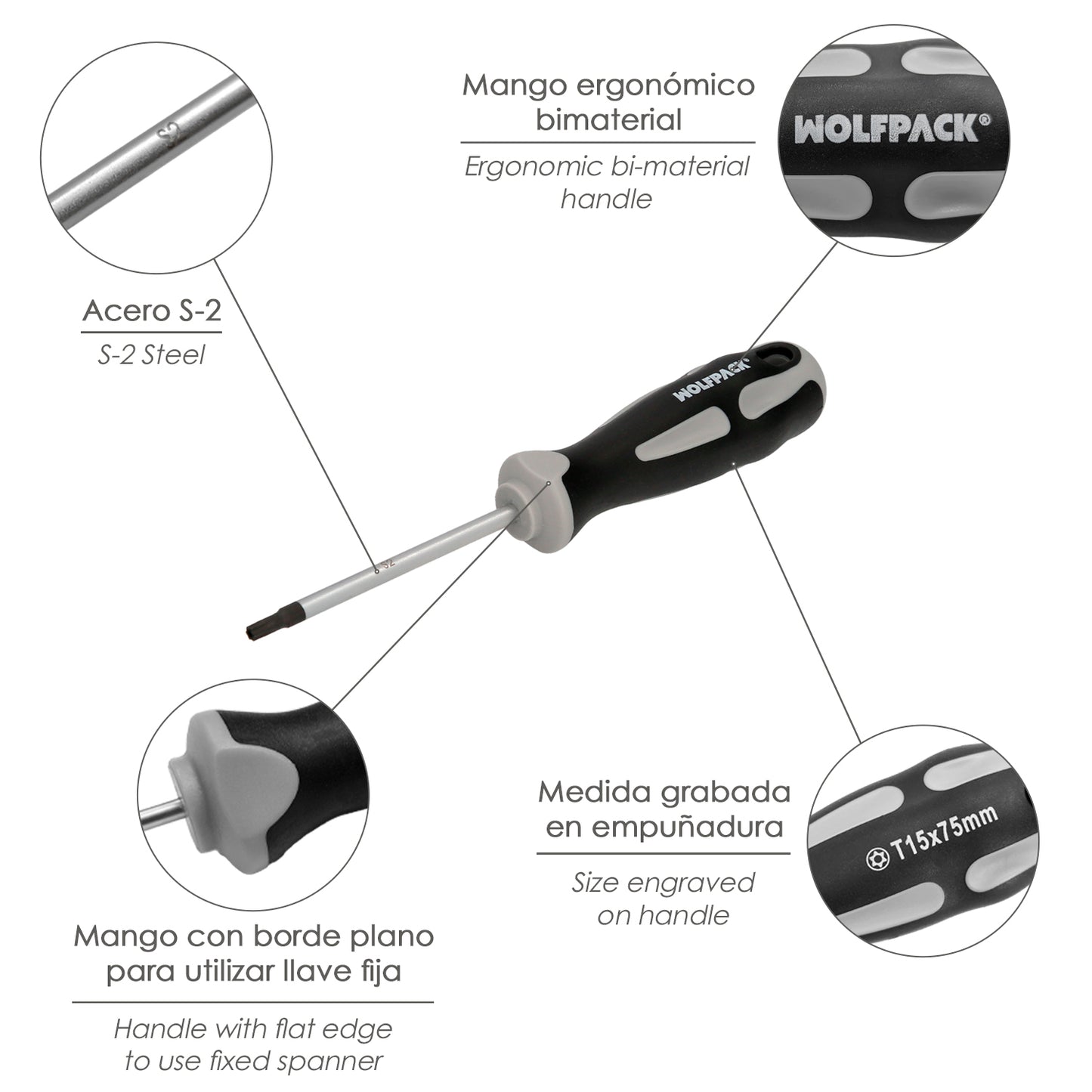 Destornillador Torx Inviolable Acero S2 Mango TPR Bimaterial. Medida T15 x Ø 5,0 x 75 mm.