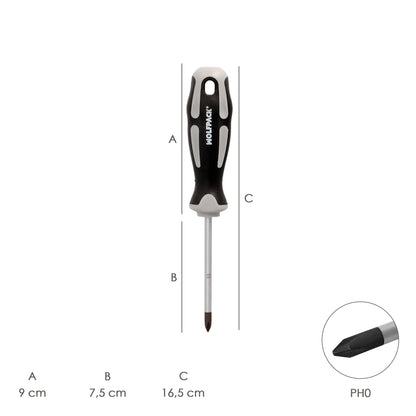 Chave de fenda Phillips de aço S2 Cabo TPR bimaterial. Medição de PH 0 - Ø 3,0 x 75 mm. DIN5262.