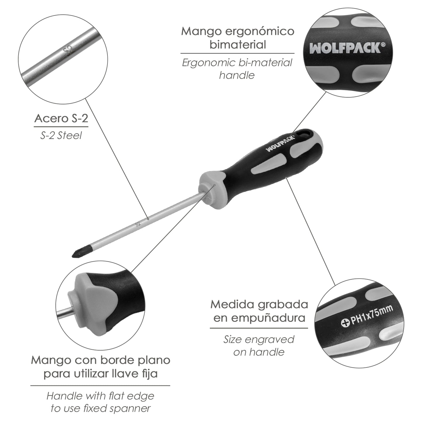 Chave de fenda Phillips de aço S2 Cabo TPR bimaterial. Medição de PH 1 x Ø 5,0 x 75 mm. DIN5262.