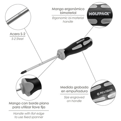 Chave de fenda Phillips de aço S2 Cabo TPR bimaterial. Medição de PH 1 x Ø 5,0 x 100 mm. DIN5262.